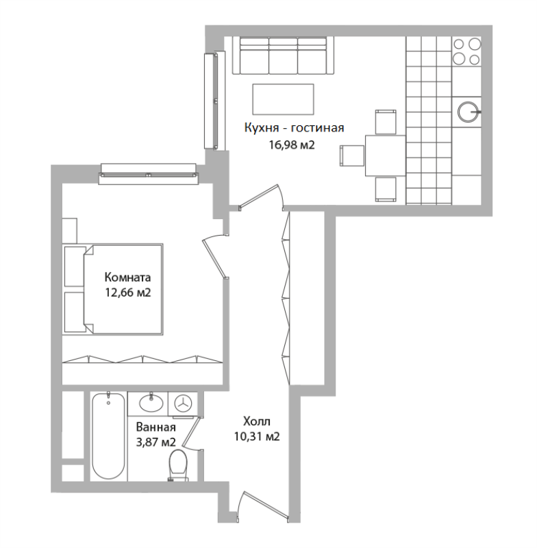 2 ккв (Евро) 43,8 м²