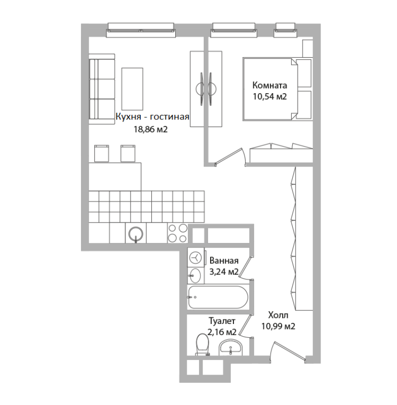 2 ккв (Евро) 45,8 м²