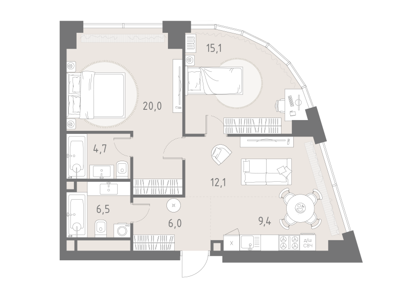 3 ккв (Евро) 73,8 м²