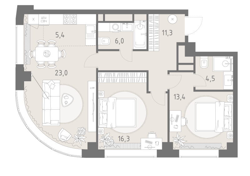 3 ккв (Евро) 79,9 м²