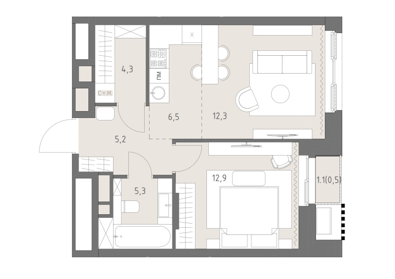 2 ккв (Евро) 47 м²
