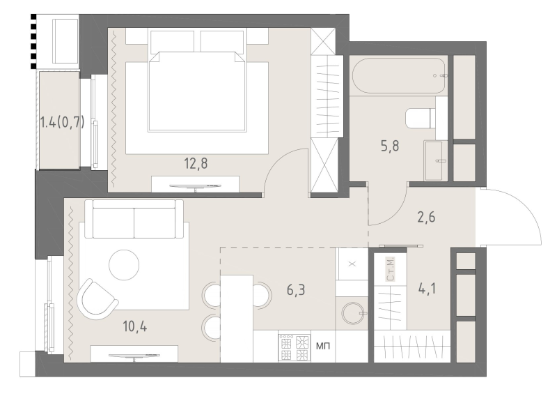 2 ккв (Евро) 42,7 м²