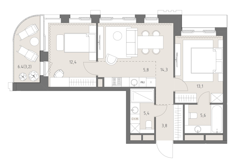3 ккв (Евро) 63,6 м²