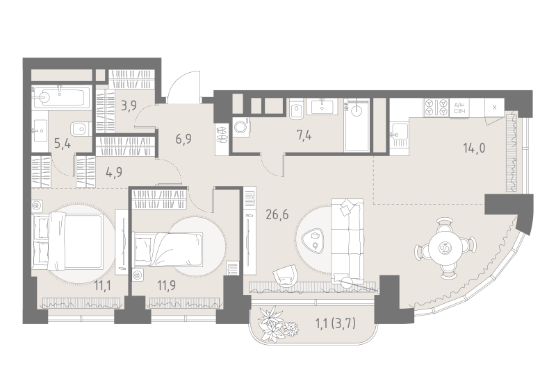 3 ккв (Евро) 93,2 м²