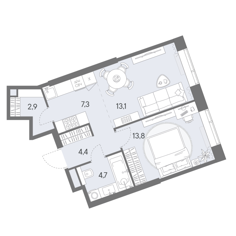 2 ккв (Евро) 46,2 м²