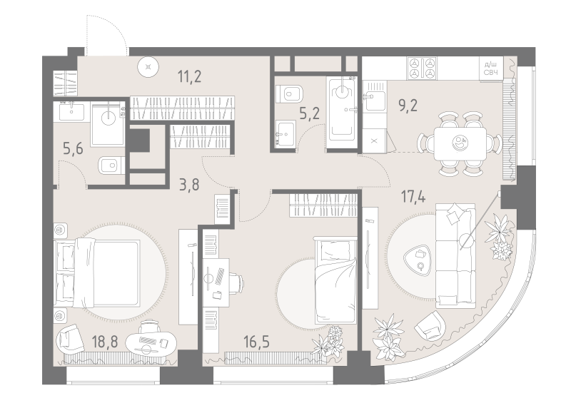3 ккв (Евро) 83,9 м²