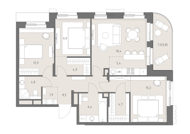 4 ккв (Евро) 96,8 м²