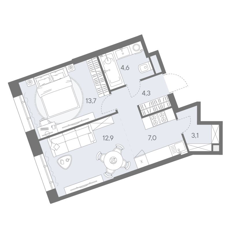 2 ккв (Евро) 45,6 м²