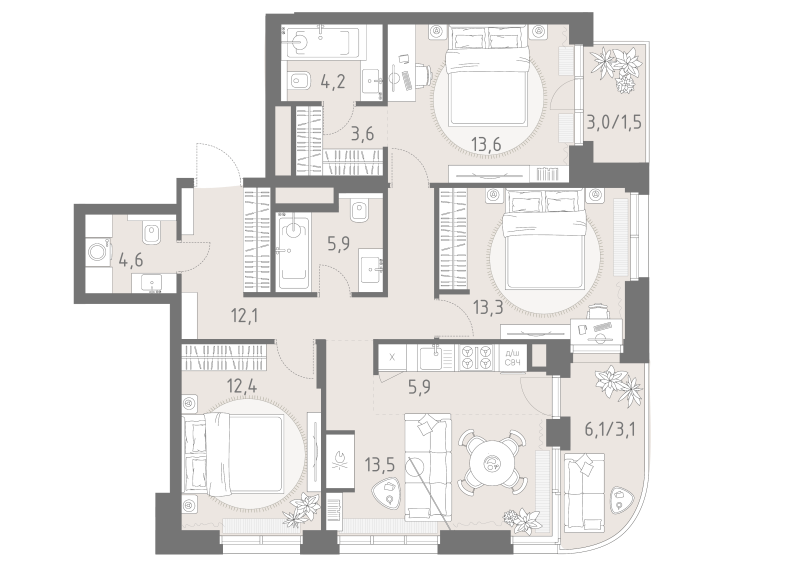 4 ккв (Евро) 93,7 м²