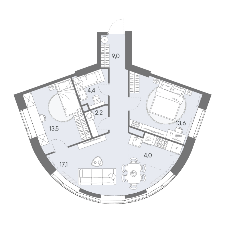 3 ккв (Евро) 63,8 м²