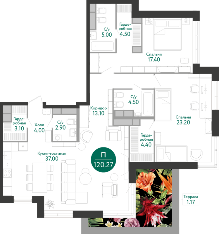3 ккв (Евро) 120,3 м²
