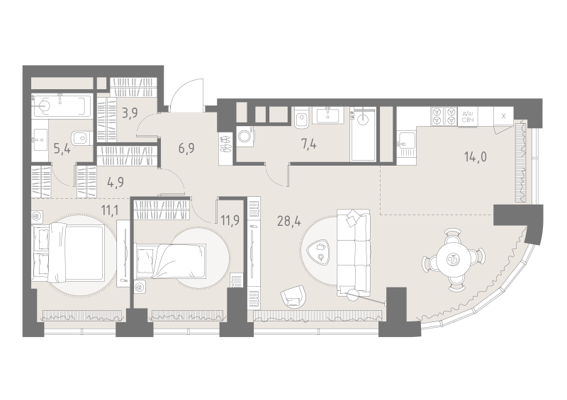3 ккв (Евро) 93,9 м²