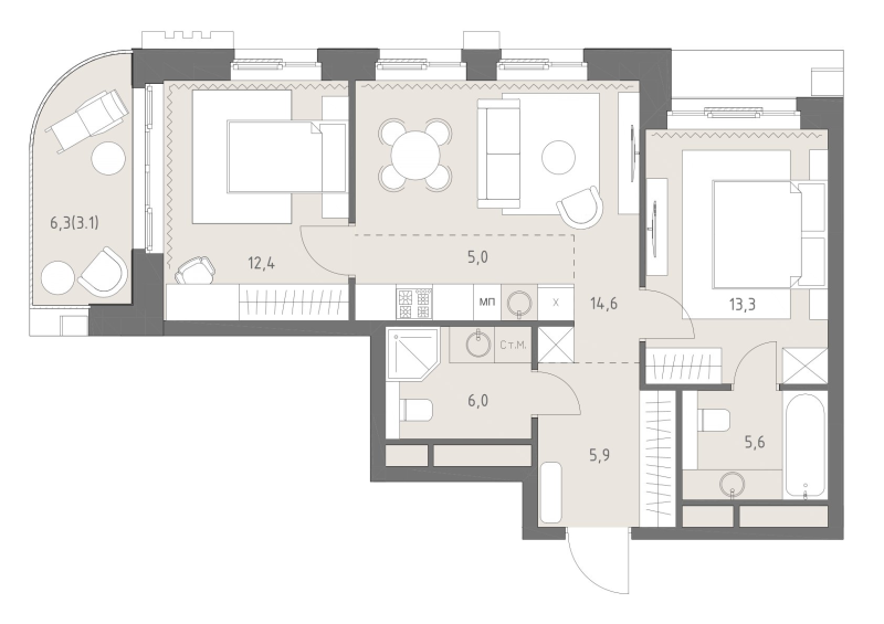 3 ккв (Евро) 65,9 м²