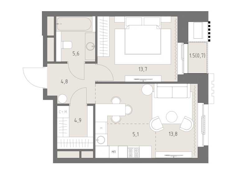 2 ккв (Евро) 48,6 м²