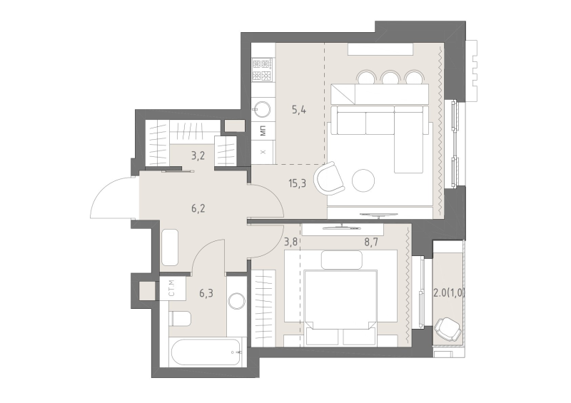 2 ккв (Евро) 49,9 м²