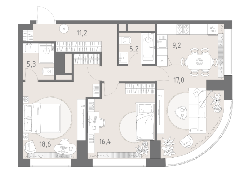 3 ккв (Евро) 82,9 м²