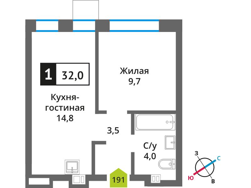 1 ккв 32 м²