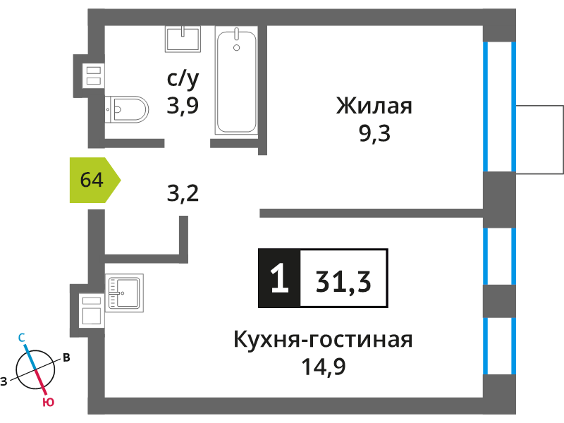 2 ккв (Евро) 31,3 м²