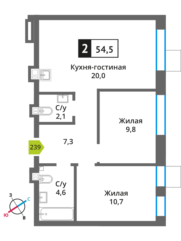3 ккв (Евро) 54,5 м²