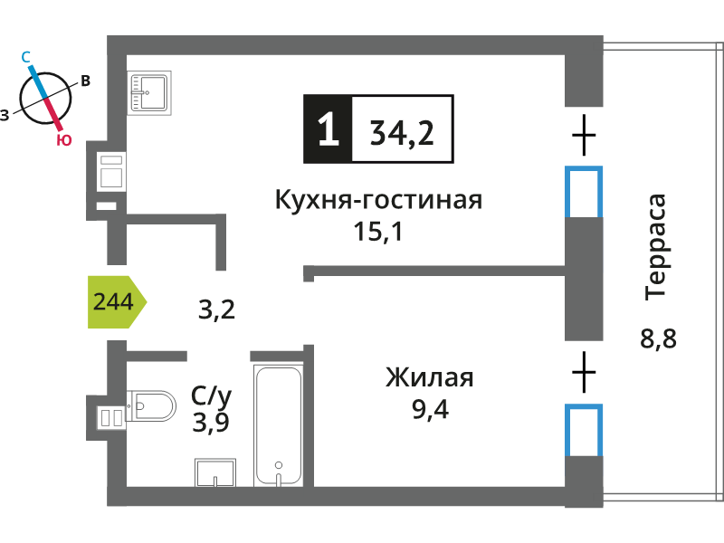2 ккв (Евро) 34,2 м²