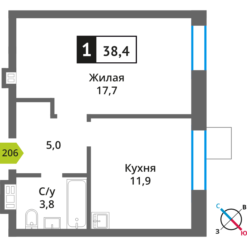 1 ккв 38,4 м²