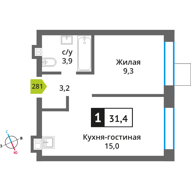2 ккв (Евро) 31,4 м²
