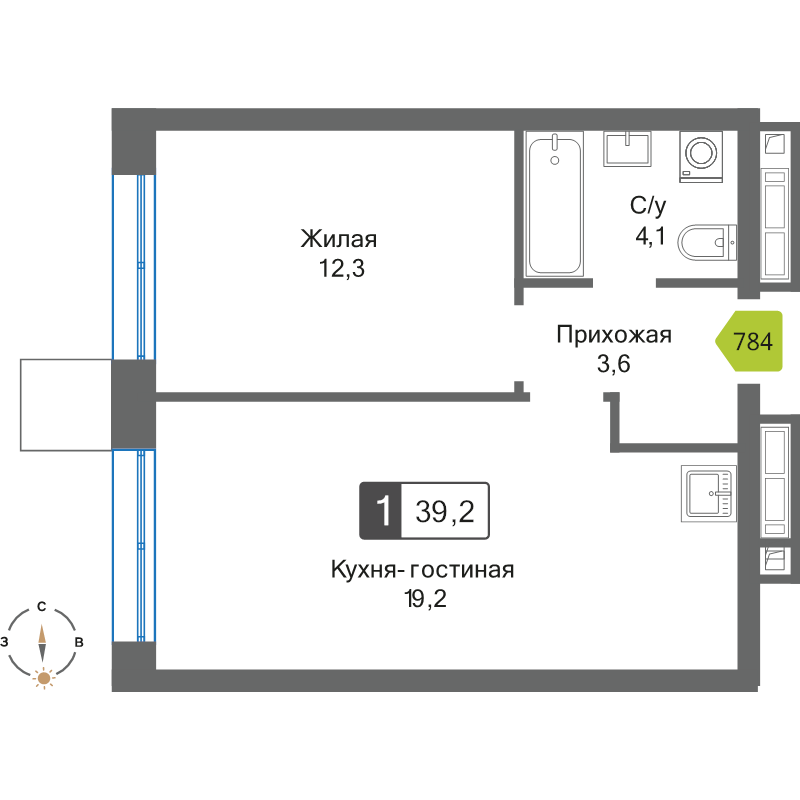 2 ккв (Евро) 39,2 м²