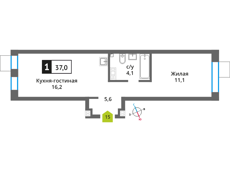 2 ккв (Евро) 37 м²