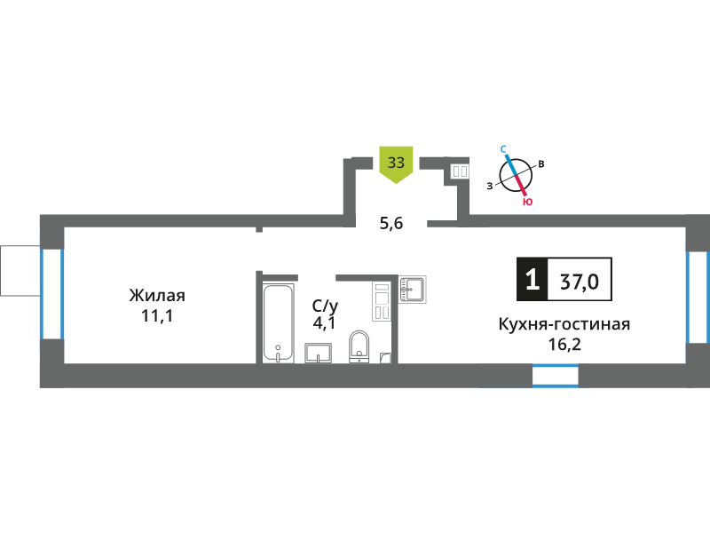 2 ккв (Евро) 37 м²