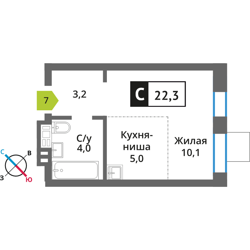Студия 22,3 м²