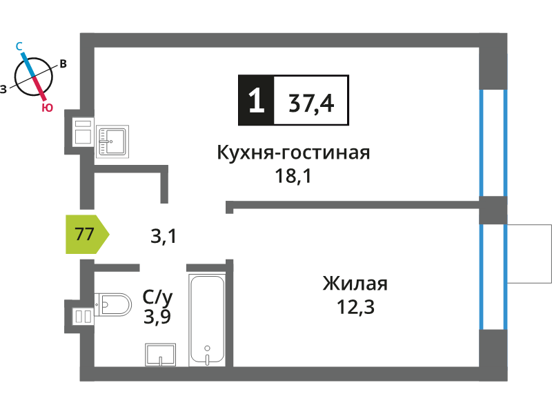 2 ккв (Евро) 37,4 м²
