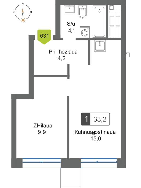 2 ккв (Евро) 33,2 м²