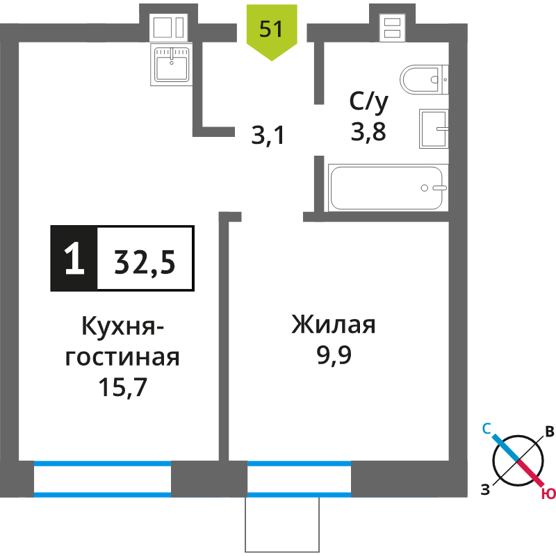 2 ккв (Евро) 32,5 м²