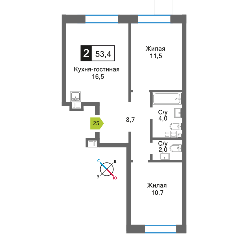 3 ккв (Евро) 53,4 м²