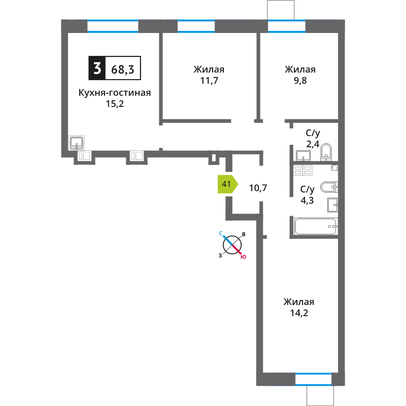 4 ккв (Евро) 68,3 м²
