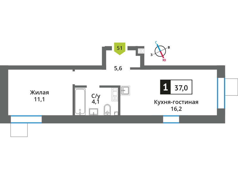 2 ккв (Евро) 37 м²