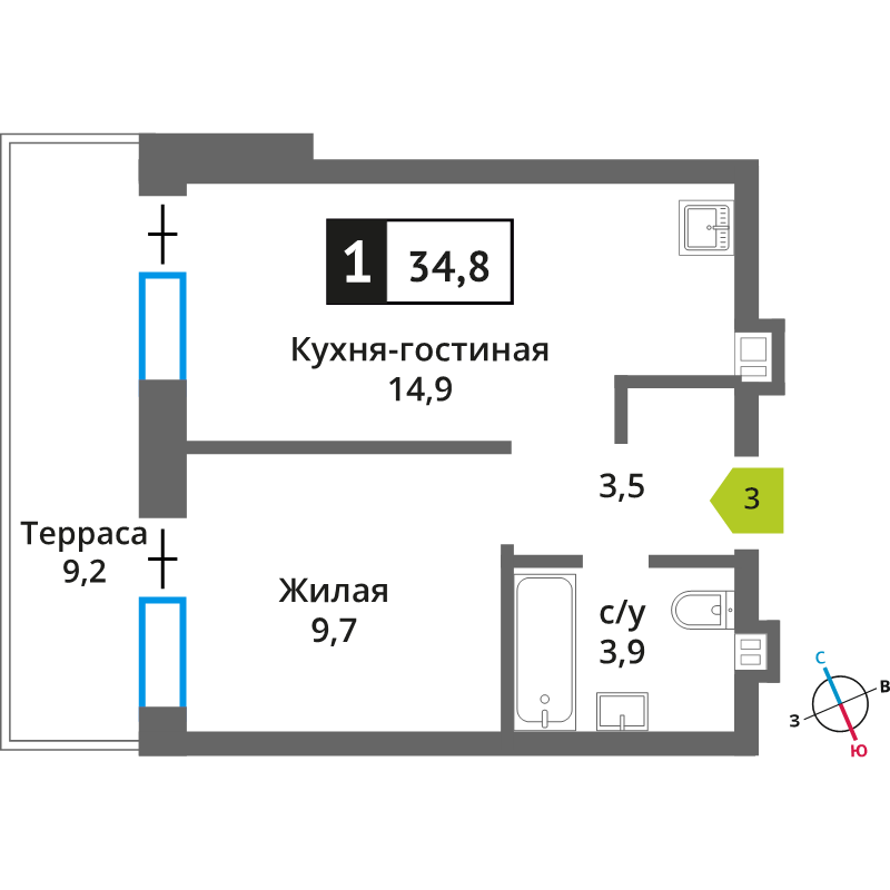 1 ккв 34,8 м²