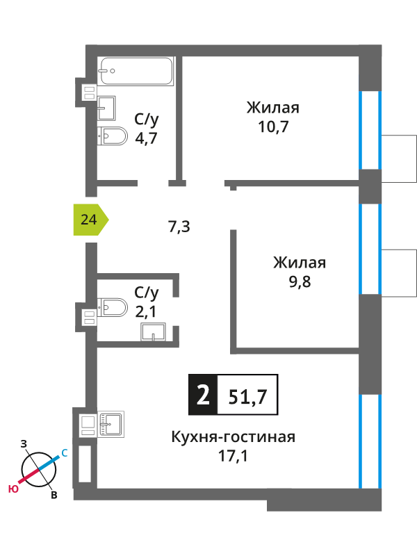 3 ккв (Евро) 51,7 м²
