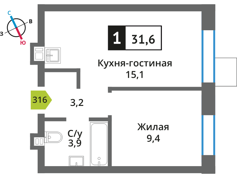 2 ккв (Евро) 31,6 м²