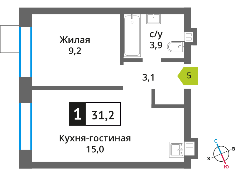 2 ккв (Евро) 31,2 м²