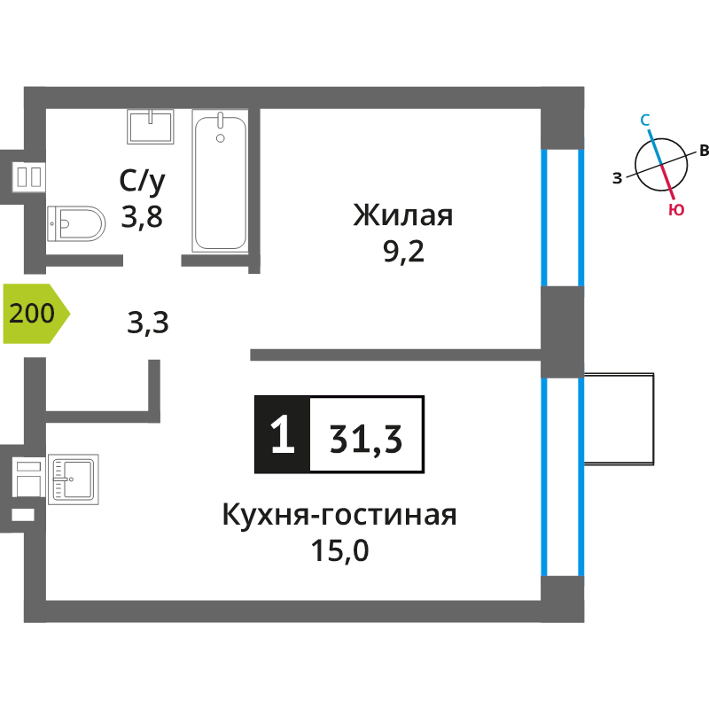 2 ккв (Евро) 31,3 м²