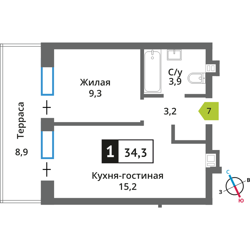 2 ккв (Евро) 34,3 м²