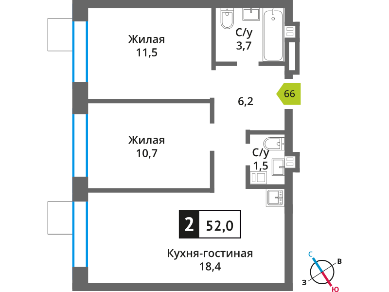 3 ккв (Евро) 52 м²