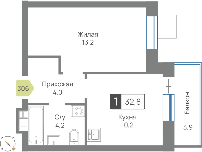 1 ккв 32,8 м²