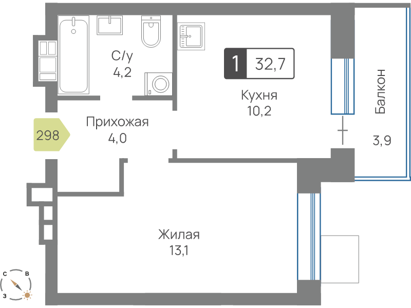 1 ккв 32,7 м²