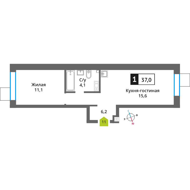 2 ккв (Евро) 37 м²