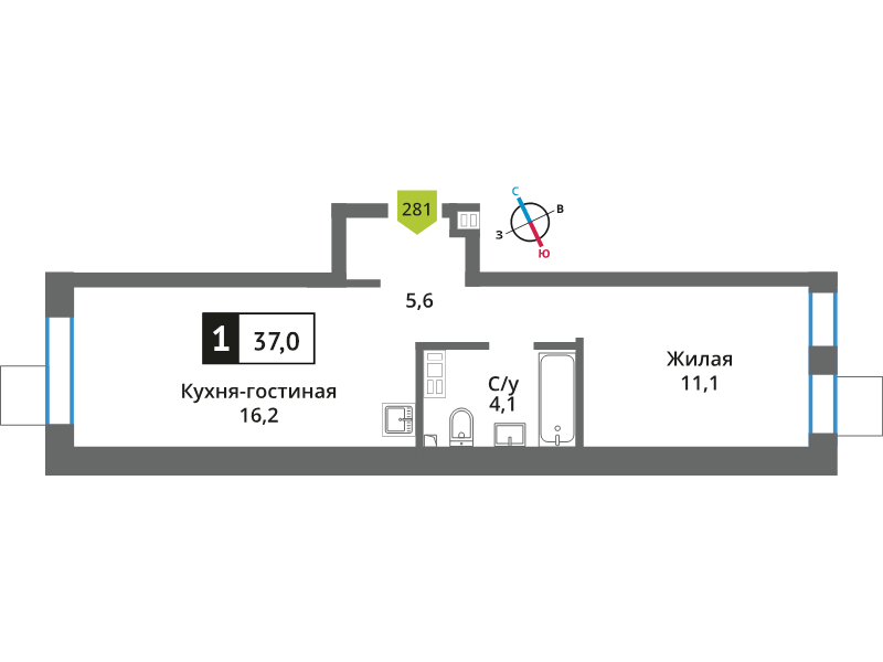 2 ккв (Евро) 37 м²