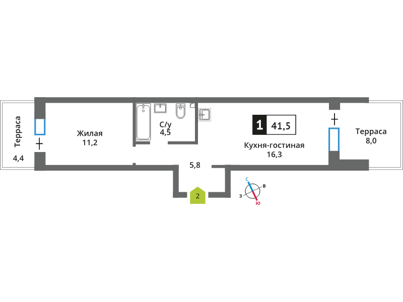 2 ккв (Евро) 41,5 м²