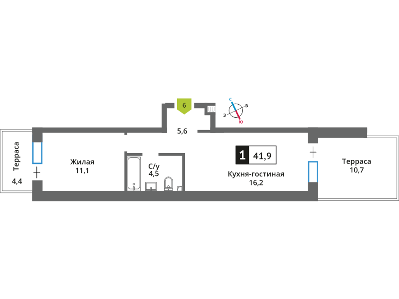 2 ккв (Евро) 41,9 м²