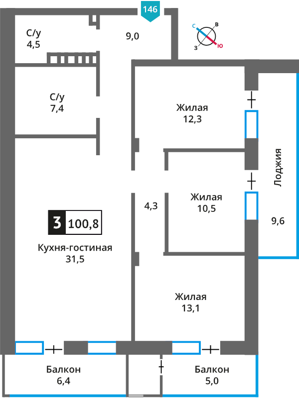4 ккв (Евро) 92,5 м²